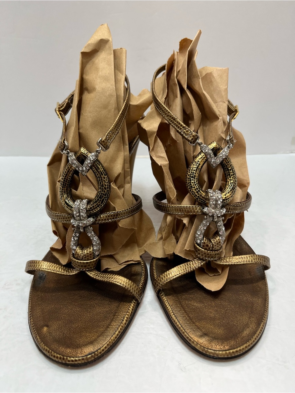 Vintage Vicini Giuseppe Zanotti Gold Crystal T-Strap Sandals Heels Size 9 - Picture 3 of 15